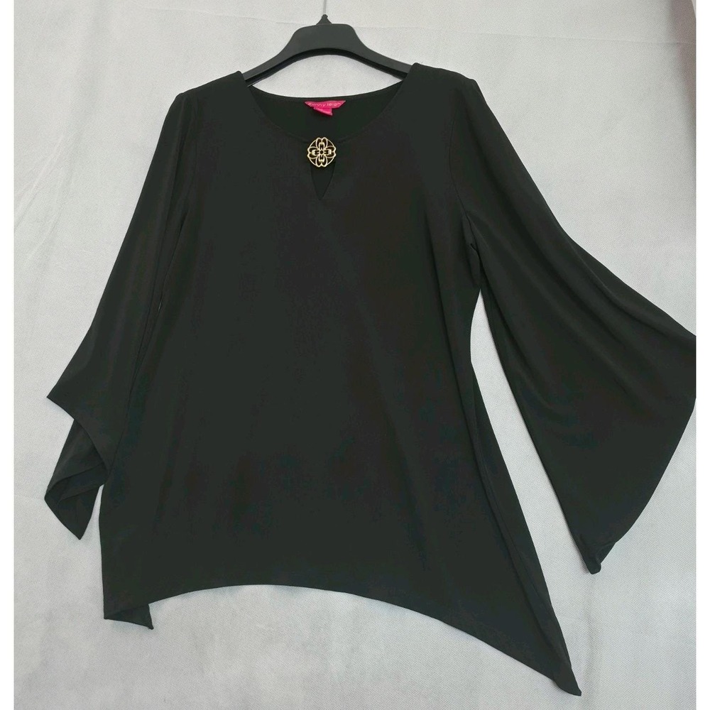 Sunny Leigh L Black Blouse Bell Angel Sleeve Gold Floral Keyhole Y2K Boho